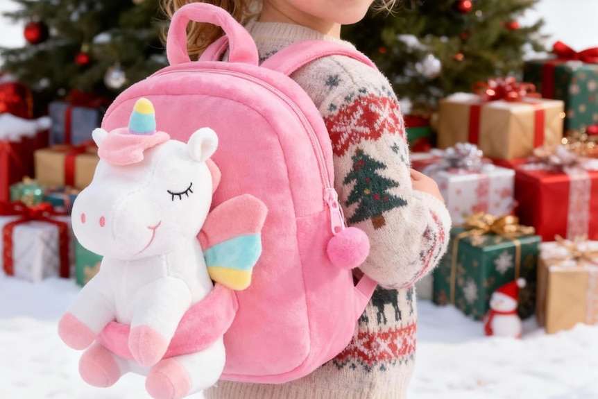 A pink backpack with a white, pink, blue and yellow unicorn.