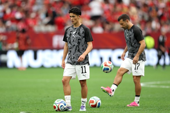 Elijah Just, who scored both New Zealand’s goals against Iran, warms up.