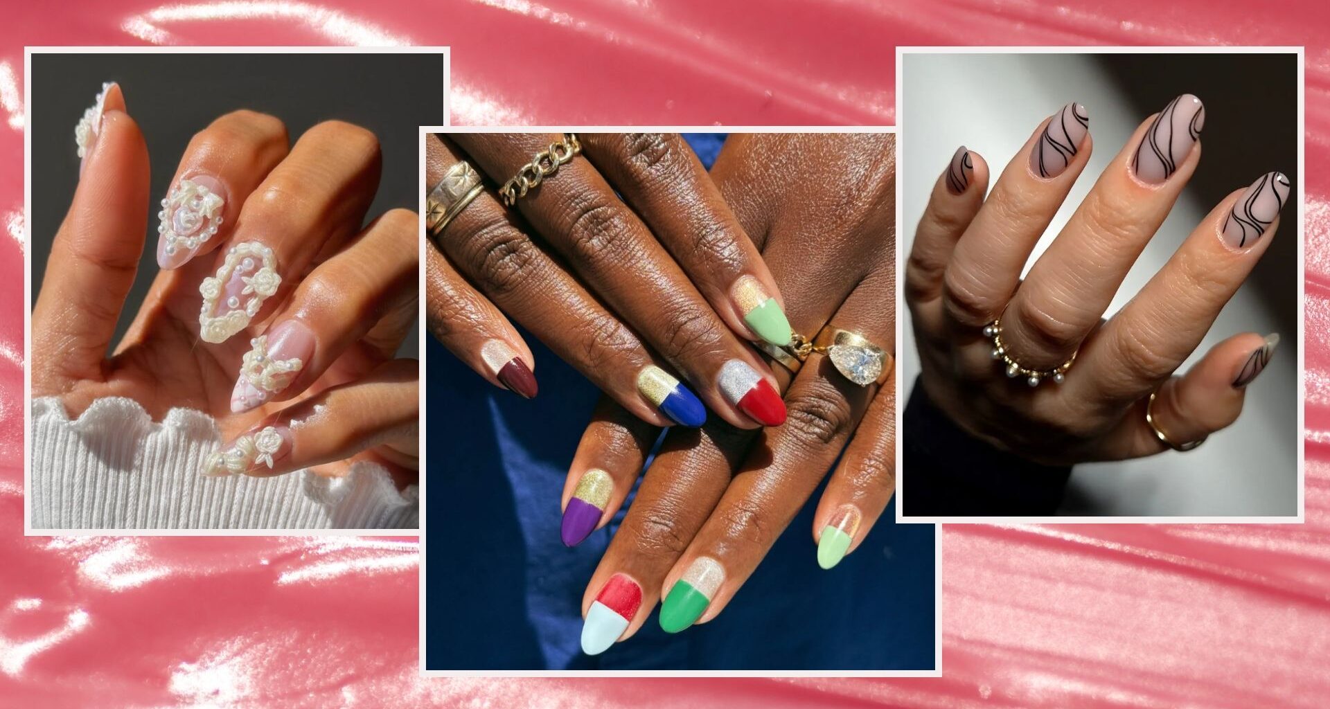 a pink cream background with three hands close up with colorful nail designs