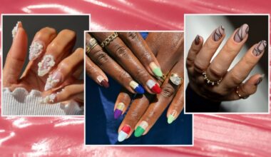 a pink cream background with three hands close up with colorful nail designs