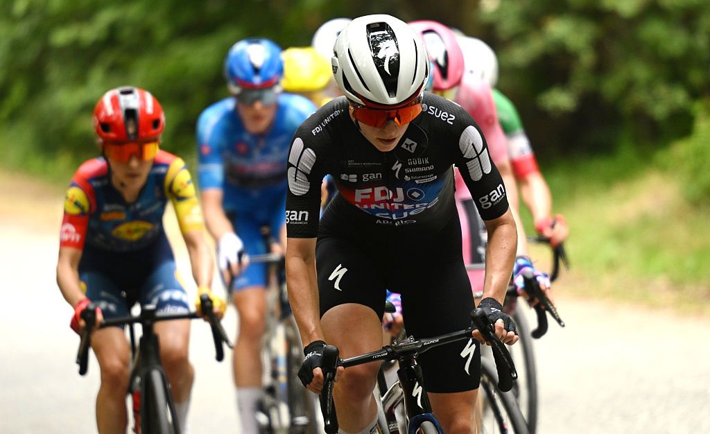 SALUZZO, ITALY - JUNE 07: Lauren Dickson of Great Britain and Team FDJ United - SUEZ leads during the 37th Giro d&amp;apos;Italia Women 2026 - Stage 9 a 145km stage from Saluzzo to Saluzzo / #UCIWWT / on June 07, 2026 in Saluzzo, Italy. (Photo by Luc Claessen/Getty Images)