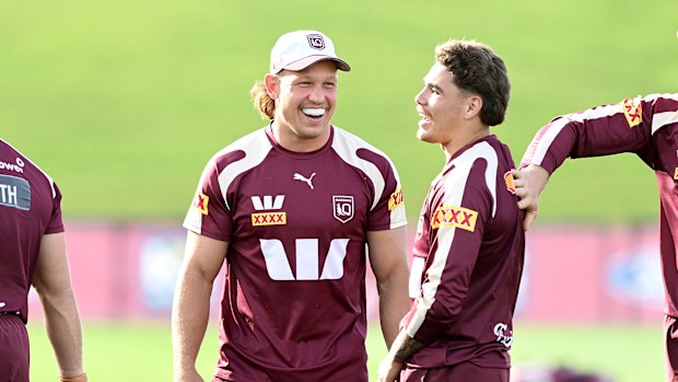 Reece Walsh, Reuben Cotter and Lindsay Collins share a laugh