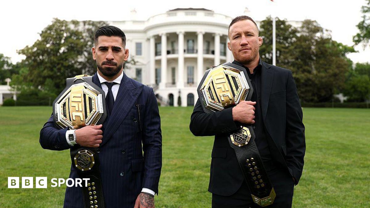 Illia Topuria (left) holds the UFC lightweight belt over his right shoulder and Justin Gaethje (right) has the UFC interim lightweight belt over his right shoulder