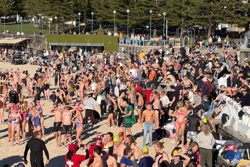 A large crowd of people in swimwear gathered on the sand and a pathway next to the beach on a sunny morning.
