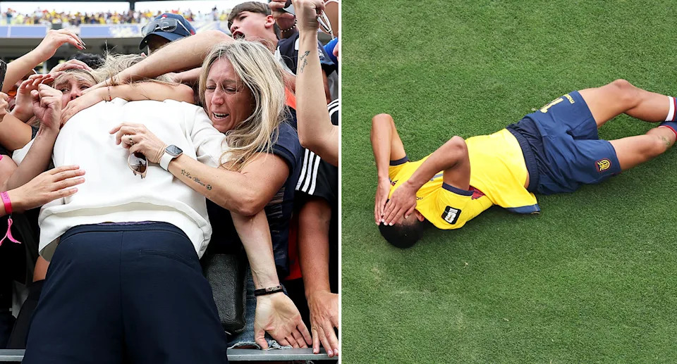 Ecuador players and coach after their wild win over Germany at the World Cup.