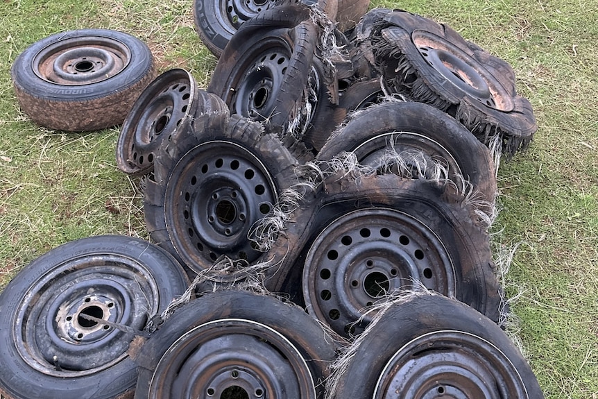 A pile of burnt out tyres