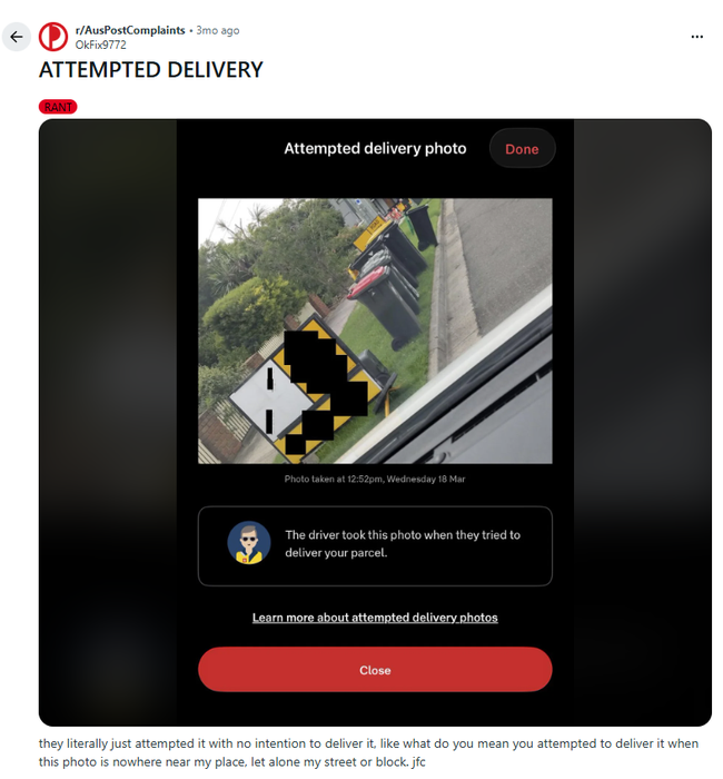A user complains about an “attempted delivery” that they say did not occur.