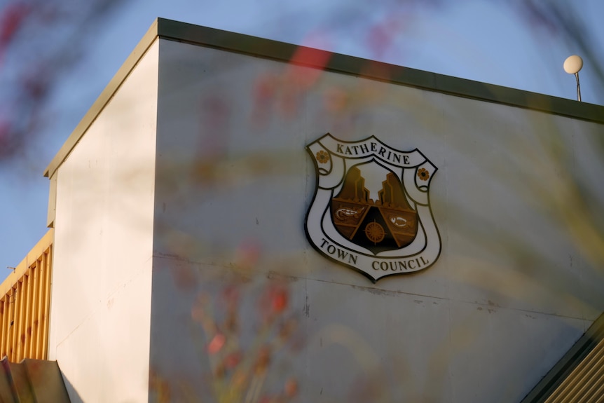 The crest of the Katherine Town Council on a wall, showing the motif of a gorge. 
