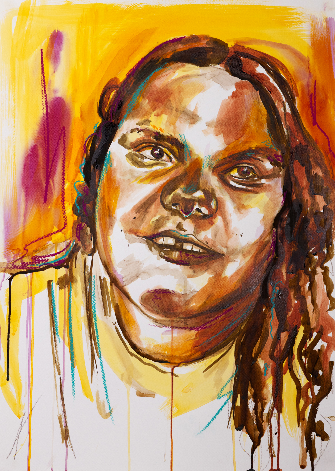 A portrait of a young First Nations woman painted using shades of yellow, brown, pink and white.