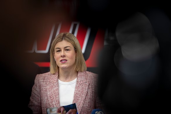 Opposition Leader Jess Wilson speaks in Bayswater on Saturday. 