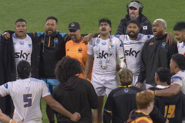 Moana Pasifika sing after winning the round 16 Super Rugby match.