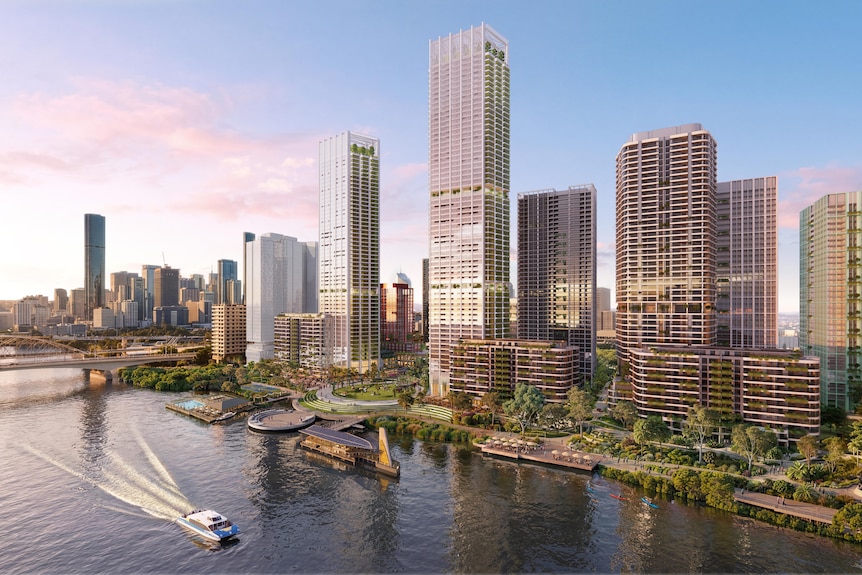 Artist render of proposed development in West End including high towers on the riverside.