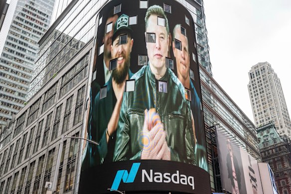 Elon Musk, founder of SpaceX, pictured on a screen in New York’s  Times Square during the company’s IPO celebrations. He is now the world’s first trillionaire.