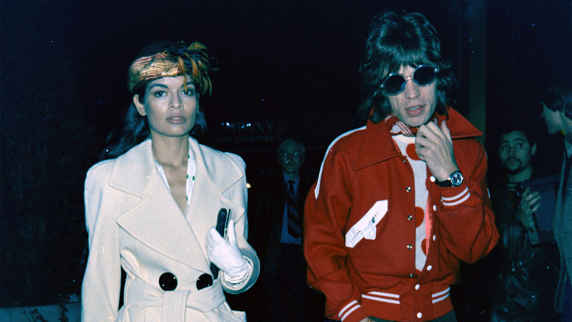Bianca Jagger (L) and Mick Jagger attend a party celebrating Yves St. Laurent at '21' in New York City on November 13, 1972.