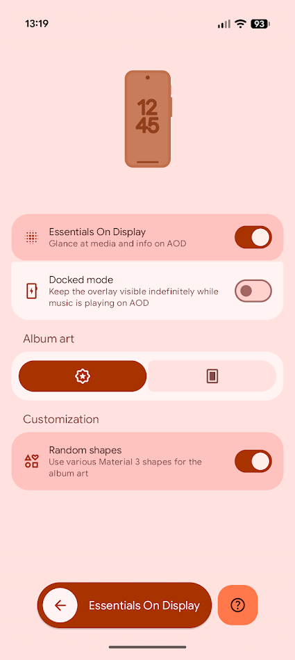 lock screen options in essentials app