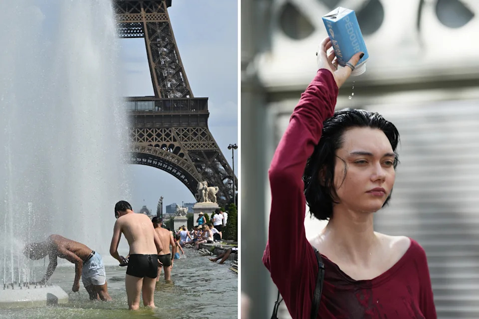 People playing in water near the Eiffel Tower, next to woman pouring water on her head