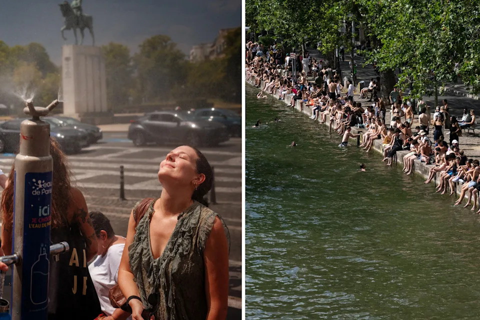 Woman using water fountain to stay cool next to people on a canal