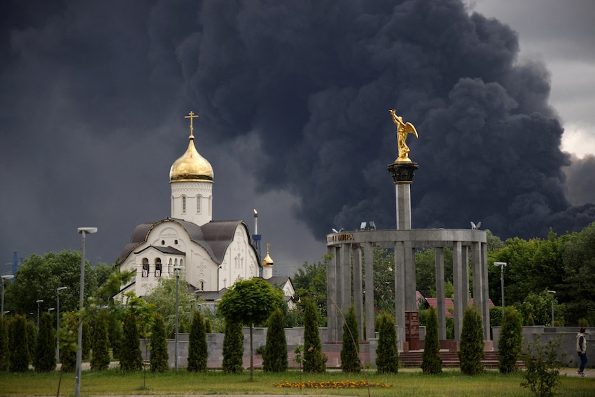 Smoke rises from an oil refinery following a Ukrainian drone attack in Moscow