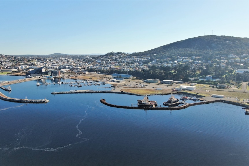 Drone shot of Albany with harbour and marina in the foreground