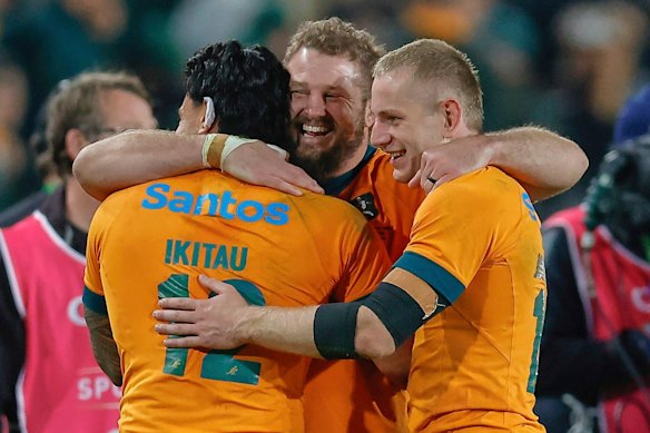 The Wallabies celebrate a remarkable victory against South Africa in 2025. The July Tests will be another huge test.