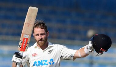 New Zealand's Kane Williamson celebrates scoring a double century (200 runs) during the fourth day of the first Test match between Pakistan and New Zealand at the National stadium in Karachi on December 29, 2022. (Photo by Asif HASSAN / AFP)