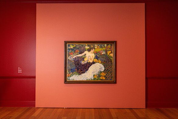 Woman and Peacocks by Albert André on display at Geelong Gallery