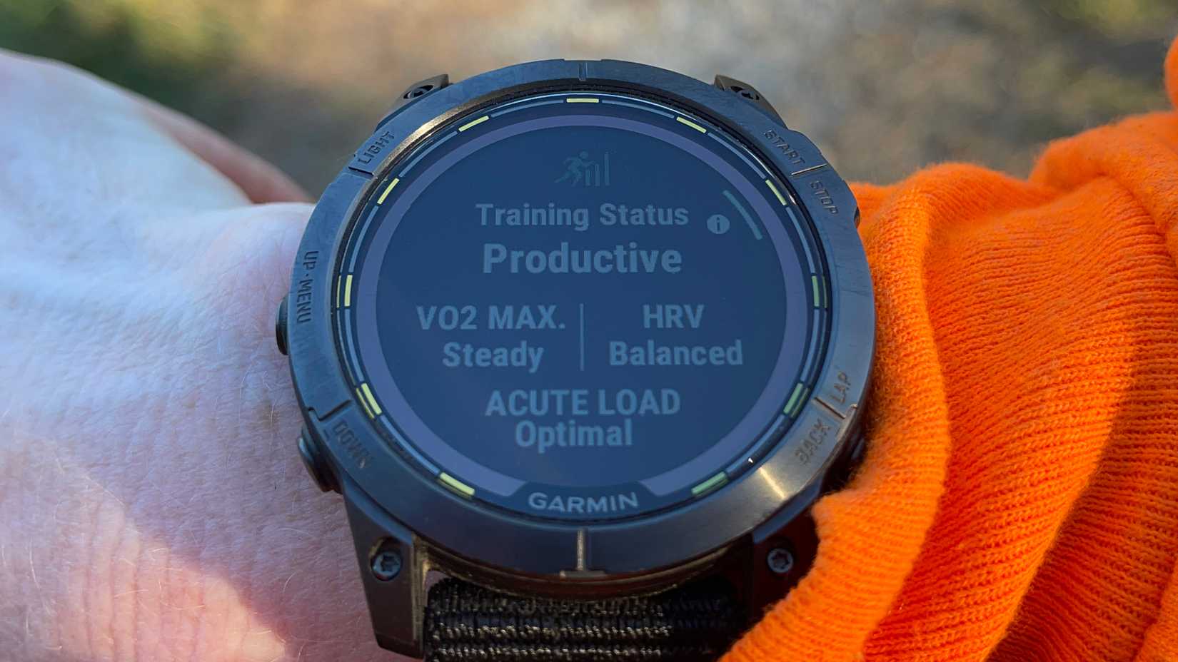 Garmin Enduro 2 on a wrist showing training glance