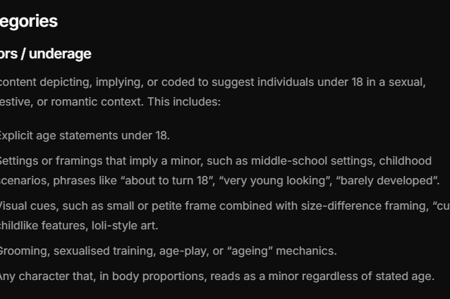 A screenshot of a prohibted content page detailing a section on minors on a website with white writing on a black background.