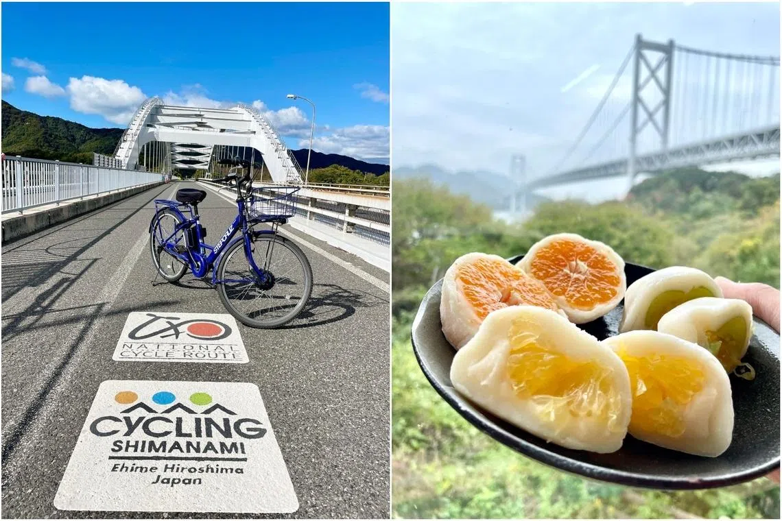 The Shimanami Kaido route takes riders across six majestic bridges over a 70km scenic journey. Do not miss confectionery shop Hassakuya's daifuku (right), a delicate rice cake wrapped around juicy oranges and citruses.