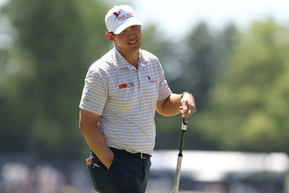 May 16, 2026; Newtown Square, Pennsylvania, USA; Collin Morikawa reacts on the sixth hole during the third round of the PGA Championship golf tournament. Mandatory Credit: Bill Streicher-Imagn Images