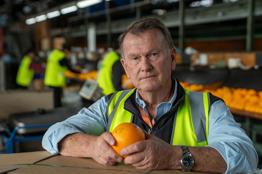 A man holding an orange.
