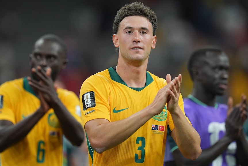 Alessandro Circati celebrates after Socceroos' win over Türkiye at FIFA World Cup.