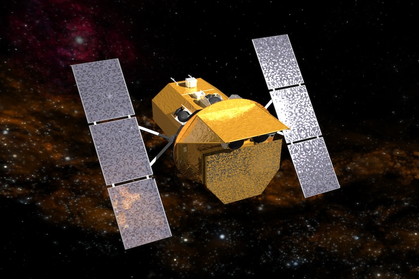 A digital graphic illustration of a copper yellow telescope vehicle with light grey panel wings, seen on a galaxy backdrop.