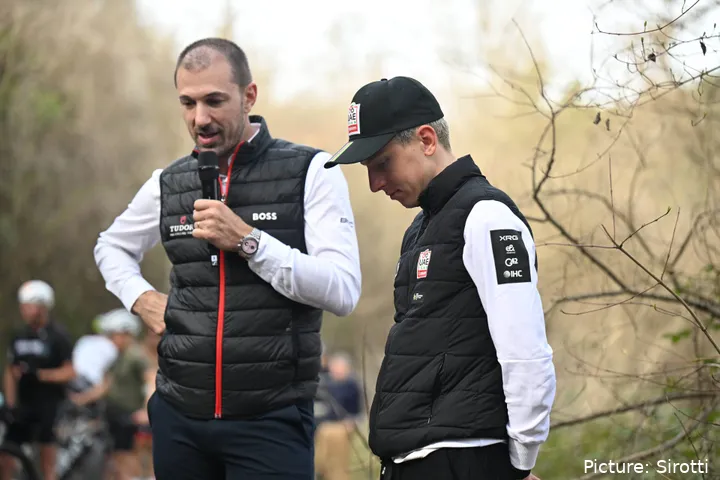 Fabian Cancellara and Tadej Pogacar in discussion ahead of Strade Bianche 2026