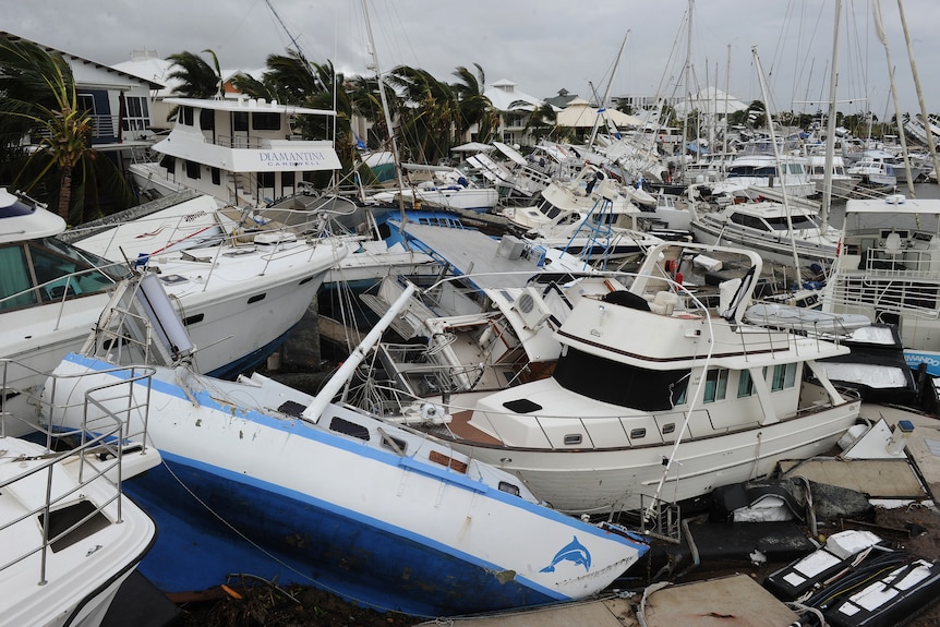 Damaged boats in a harbour