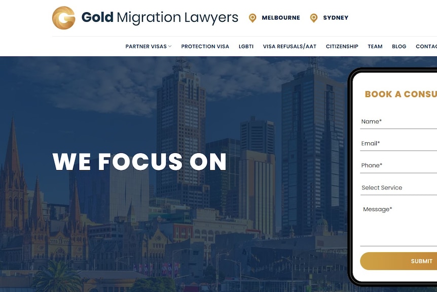 A website homepage saying Gold Migration Lawyers, with a phone number and tabs.