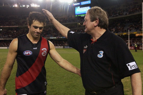 Essendon premiership hero and interim coach Dean Solomon in his playing days under the club’s legendary coach, Kevin Sheedy.