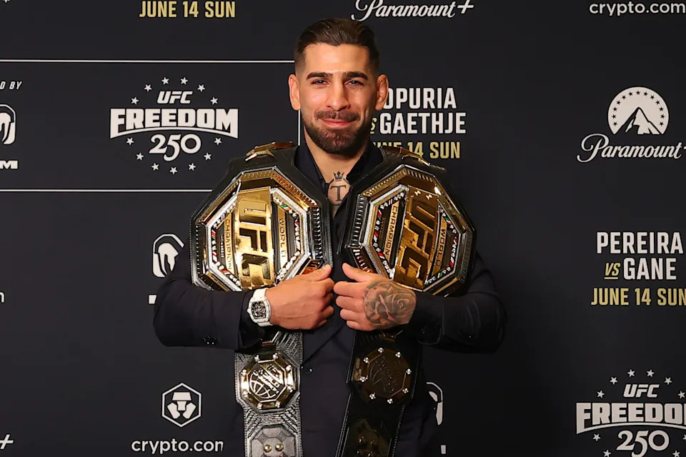 WASHINGTON, DC - JUNE 10: UFC featherweight champion Ilia Topuria poses at the UFC Freedom 250 media day at JW Marriott Washington DC on June 10, 2026 in Washington, DC. (Photo by Ed Mulholland/Zuffa LLC)