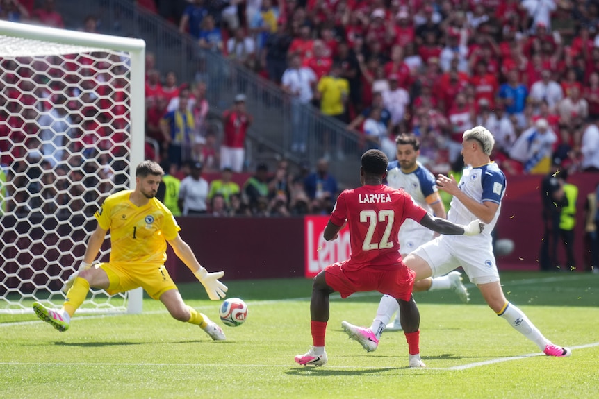 Nikola Vasilj attempts to save a low shot by Richie Laryea