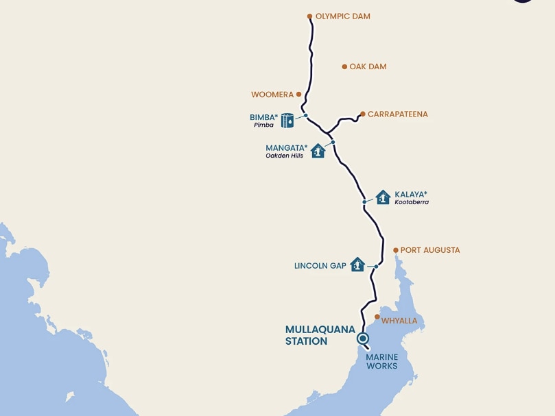 A map marking pipelines from Mullaquana Station from the Eyre Peninsula to Olympic Dam in the far north