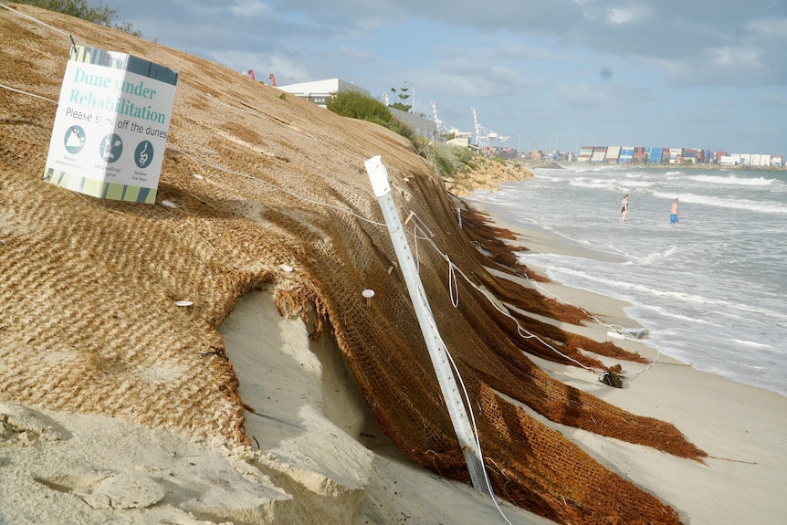 Sand banks at Port Beach in Perth left eroded after a storm, with mesh installed to reduce erosion hanging down.