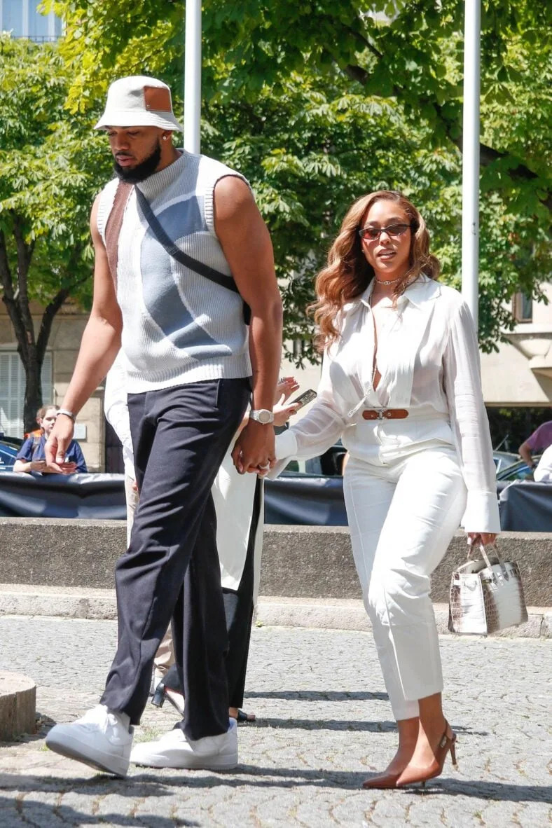 Jordyn Woods and Karl Anthony Towns attending Hermes show during Paris Fashion Week