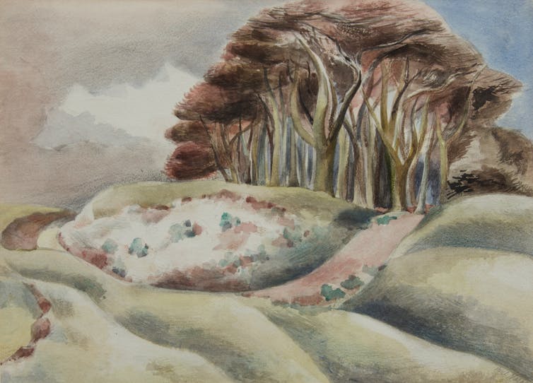 Painting of a hilly path leading to a forest, in muted sepia colours.