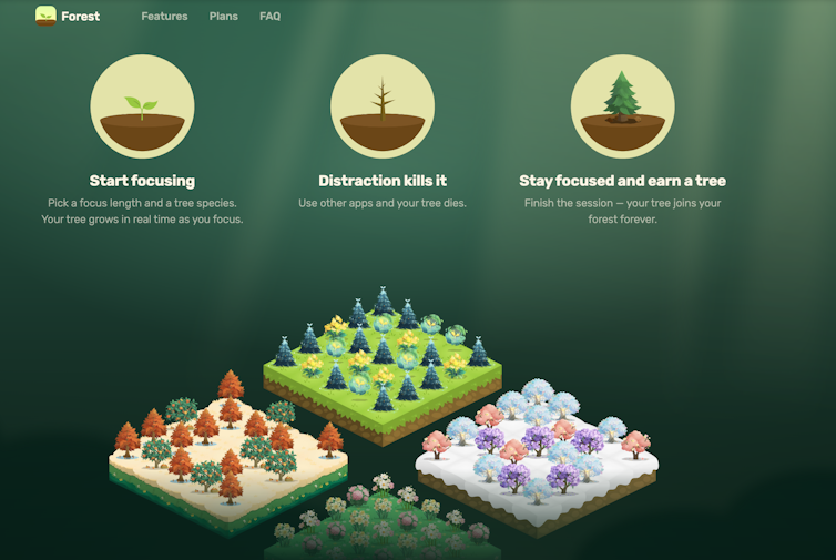 A screengrab of the Forest app website, showing colourful forests of digital trees.