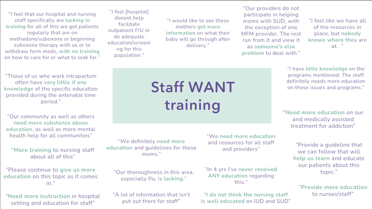 A series of quotes with a blurb in the middle that says: 'Staff want training.'