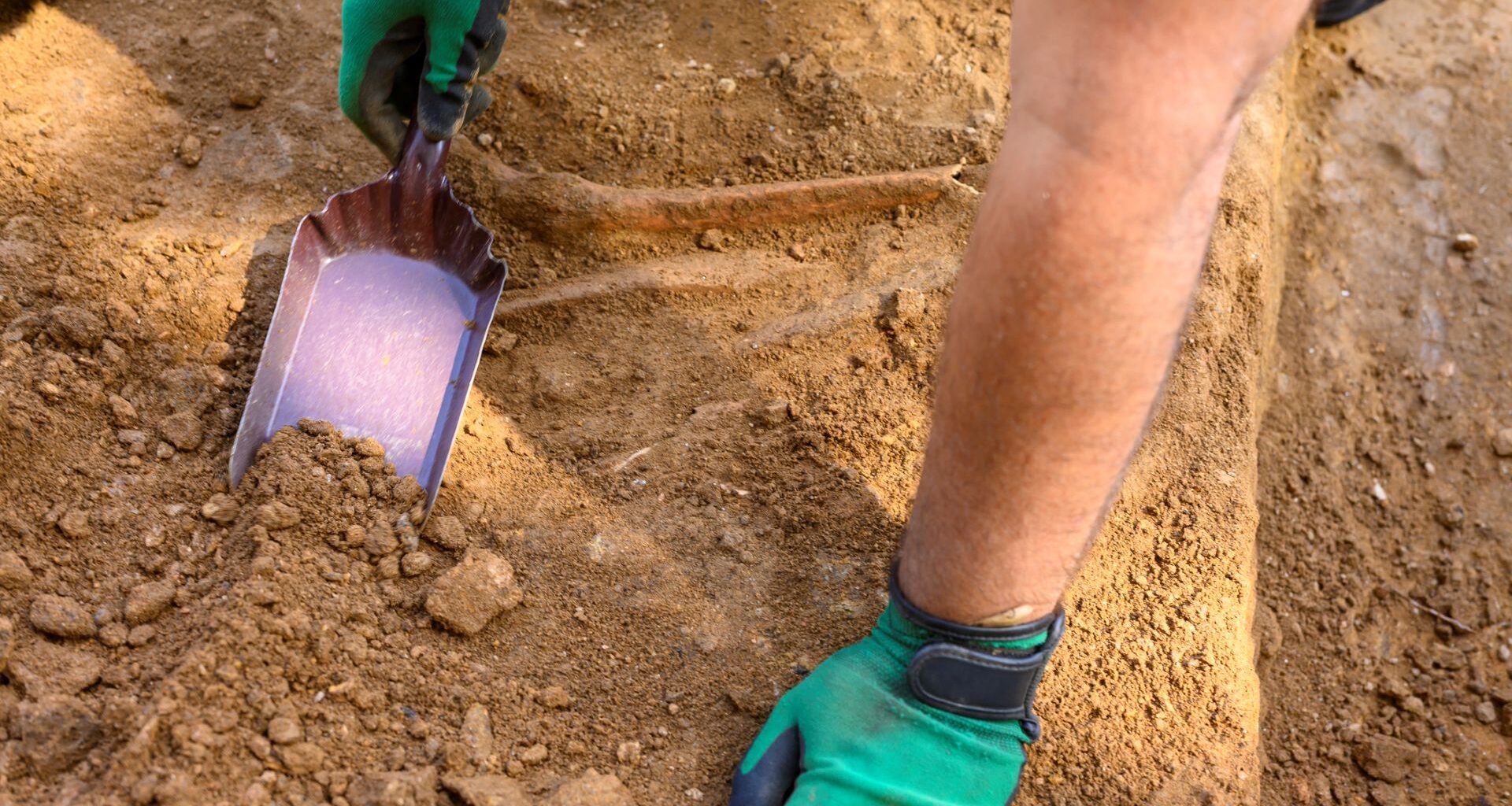 A person digs into dirt with a small shovel.