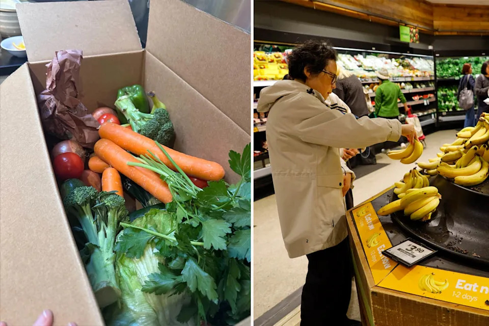 Left: Funky Food produce box. Right: Woman buying bananas at Woowlorths.