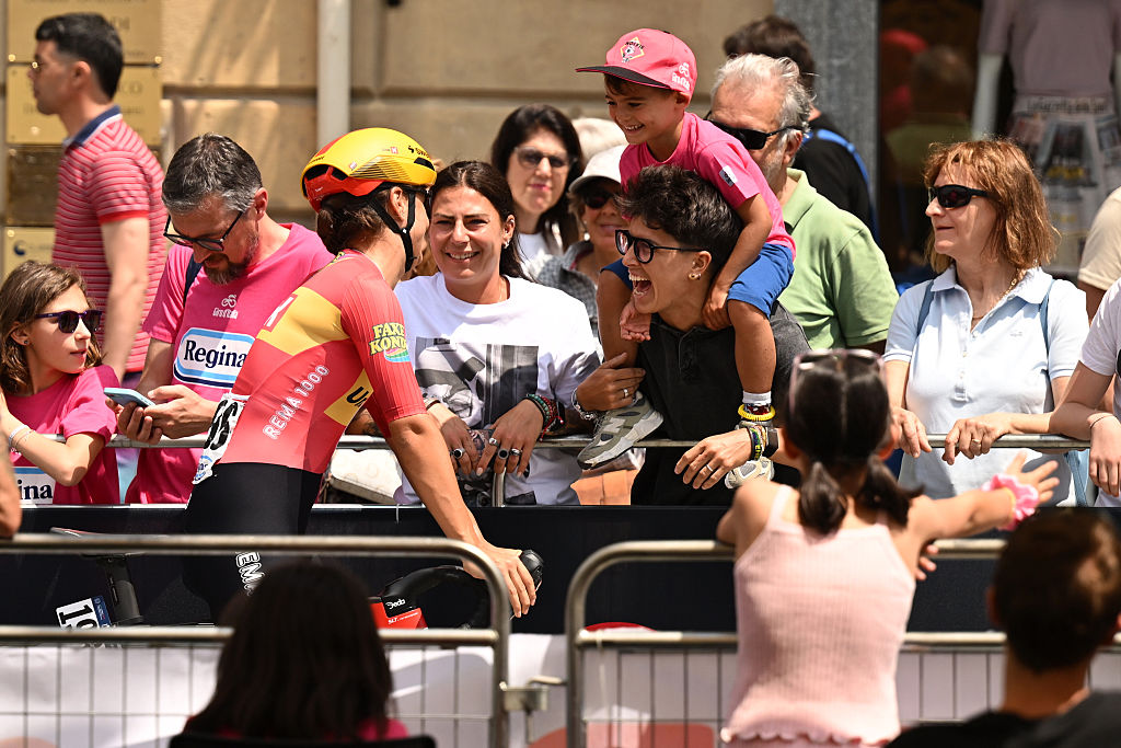 Alessia Vigilia (Uno-X Mobility) meets her relatives prior to stage 9 of the 2026 Giro d'Italia Women in Saluzzo, Italy. (Photo by Luc Claessen/Getty Images)