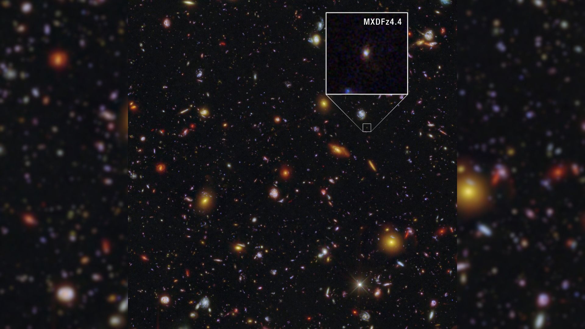 Galactic pioneer MXDFz4.4 annotated Hubble and Webb image
