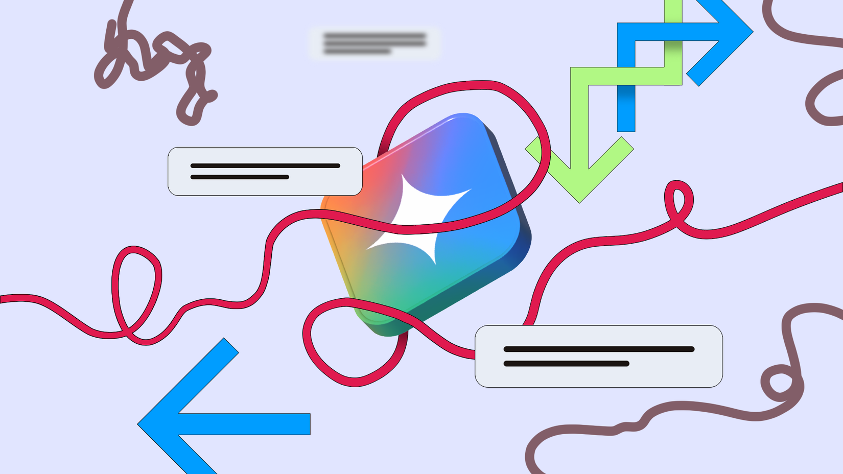 Gemini icon tangled in messy scribbles and arrows, representing cluttered chat context